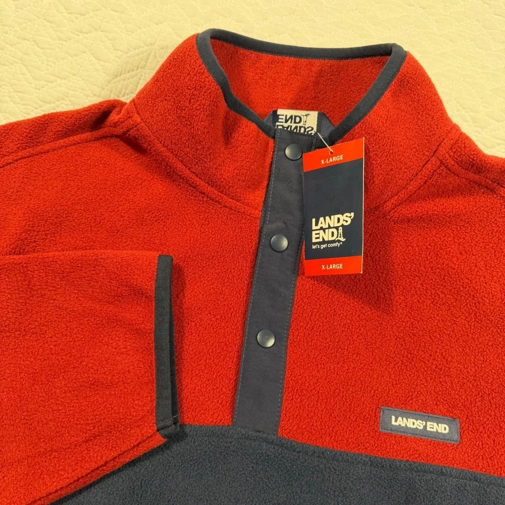 Lands End Mens Red Navy Colorblock Fleece Pullover Snap Neck Jacket‎ X Large NWT